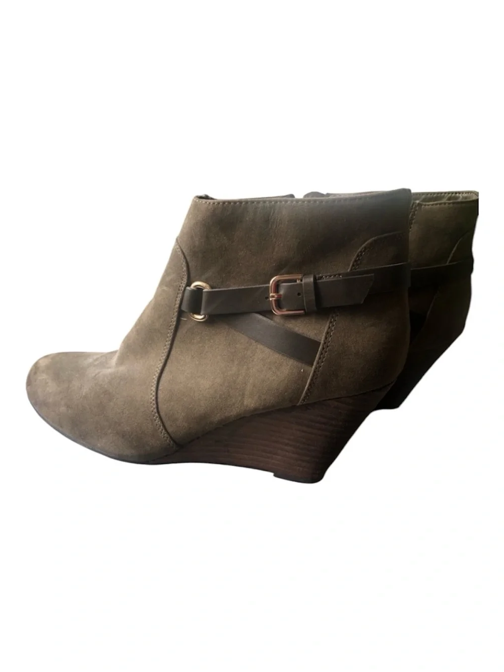 Report Olive Green Suede Wedge Ankle Booties Strap Sz 8 EUC
